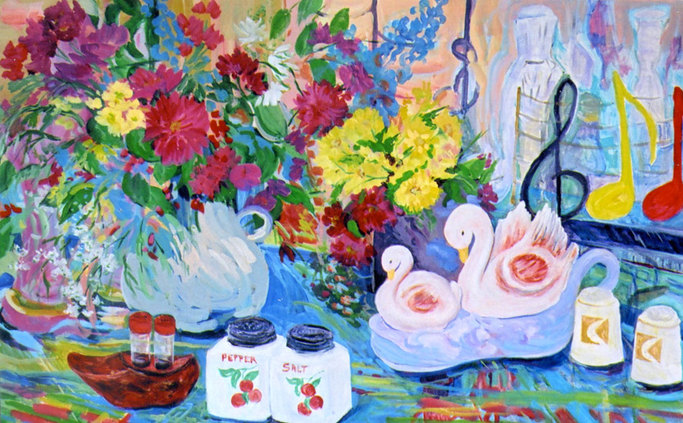Grannies Shakers - Still life painting of shakers, swans and flowers by Linda Wadley - www.lindawadley.com