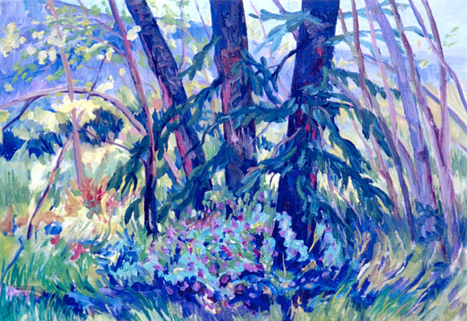 By The River Too - Oil painting of purple flowers and trees by Linda Wadley - www.lindawadley.com