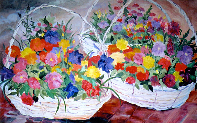 My 3 Baskets Of Flowers - Oil painting of flower baskets by Linda Wadley - www.lindawadley.com