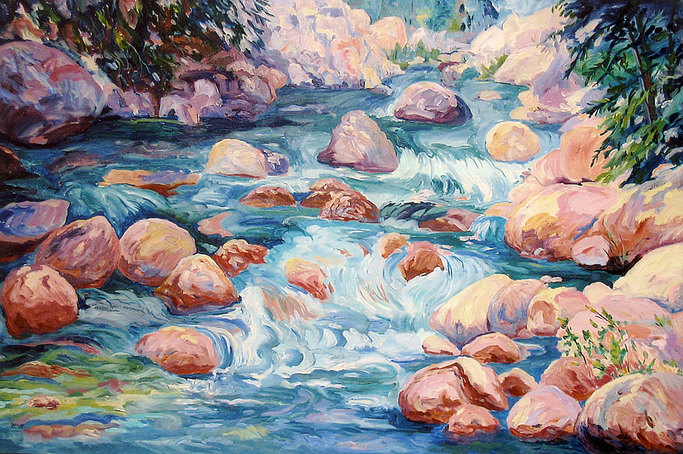 Deep Shade - Oil painting of river and rocks of Frank Slide in Crowsnest Pass by Linda Wadley - www.lindawadley.com