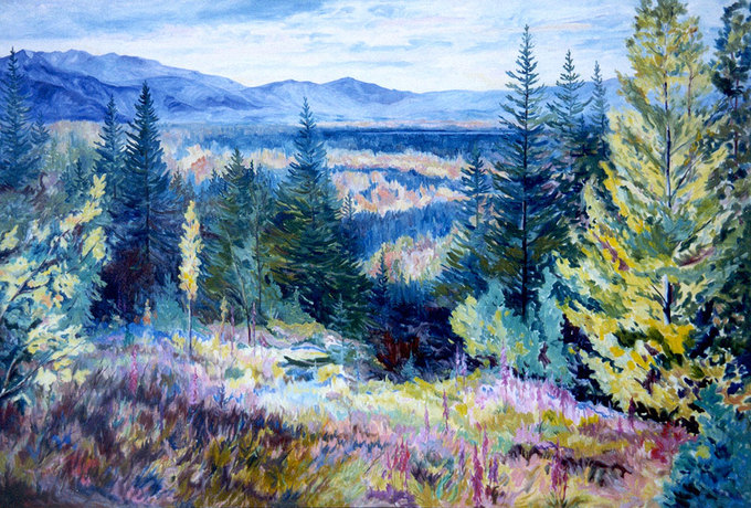 Wildhorse Lake - Oil painting of flowers and mountains by Jasper, Alberta by Linda Wadley - www.lindawadley.com