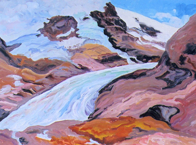 Clouds & Ice - Plein air oil painting of Athabasca Glacier by Linda Wadley - www.lindawadley.com
